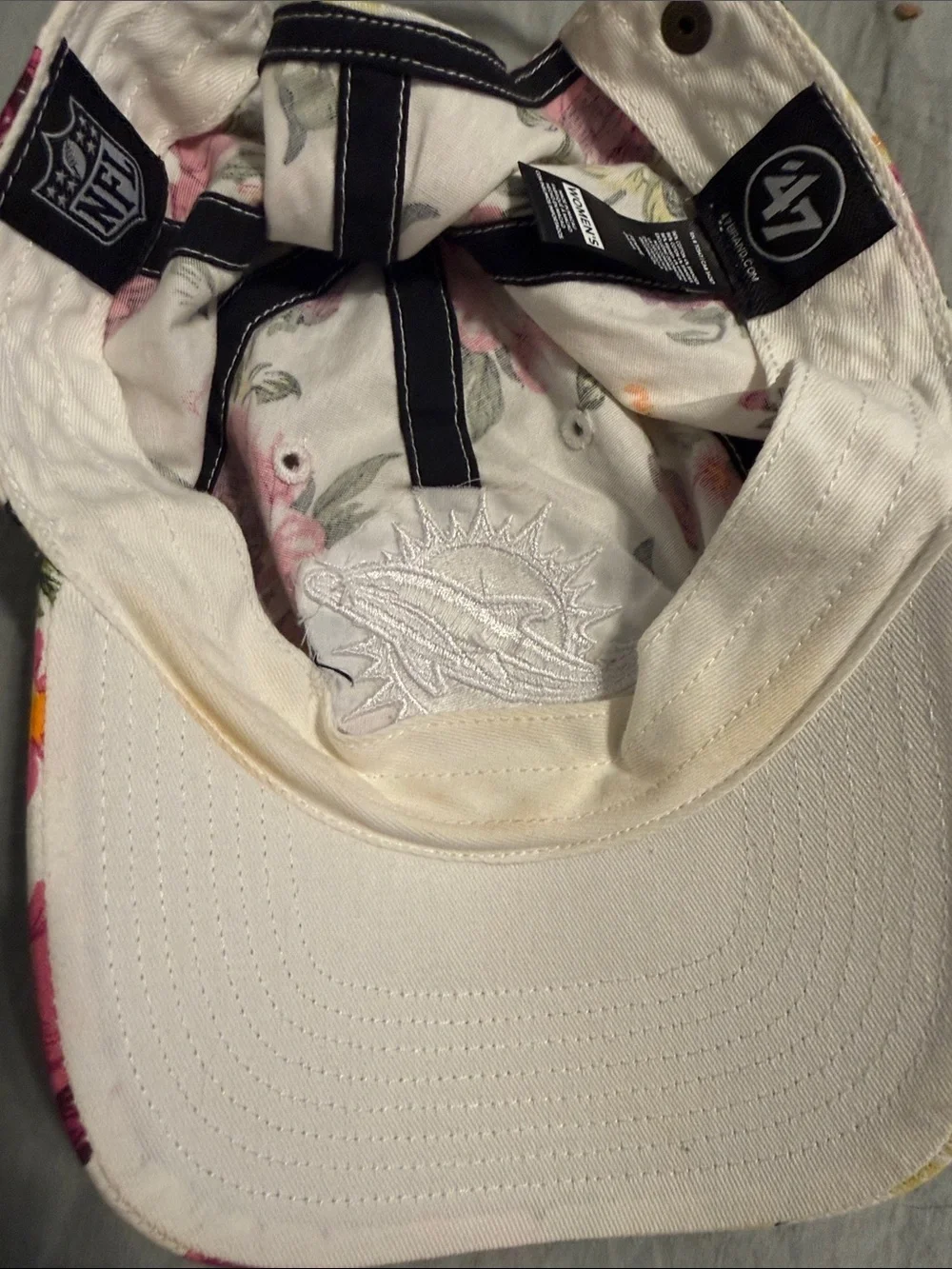 47 Floral White Baseball Cap with Pink and Green Blooms and White Logo